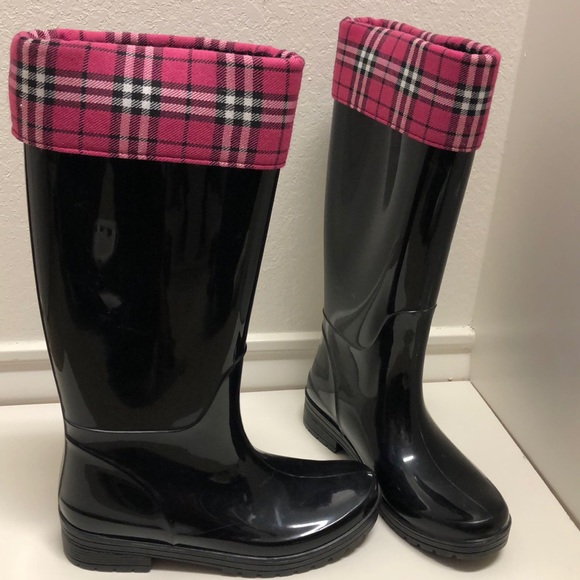 Cute Black Rain Boots with Hot Pink Plaid Trim - Picture 3 of 4
